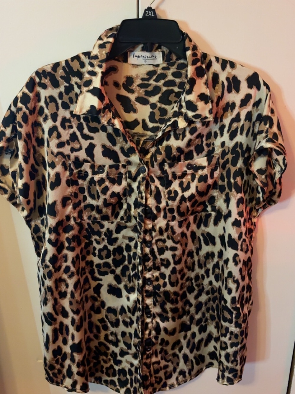 Impressions Leopard Print Short Sleeve Button-Front Top - Beige/Black/Brown